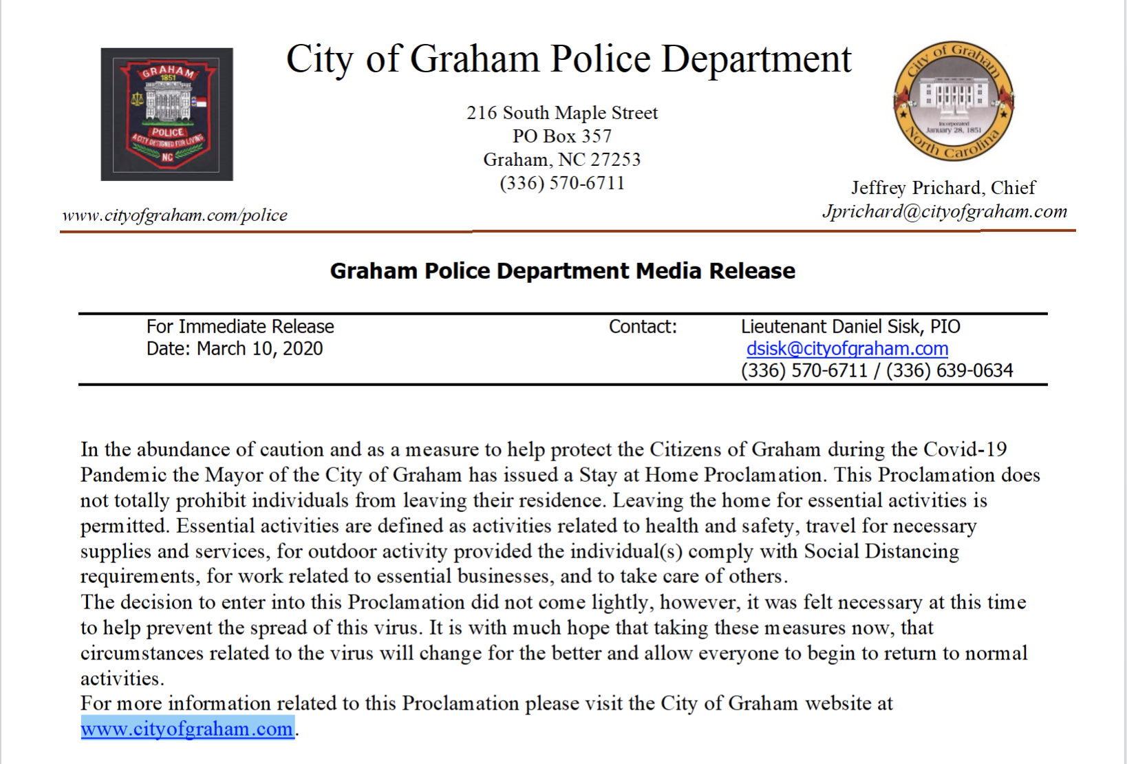 Stay at home order - press release